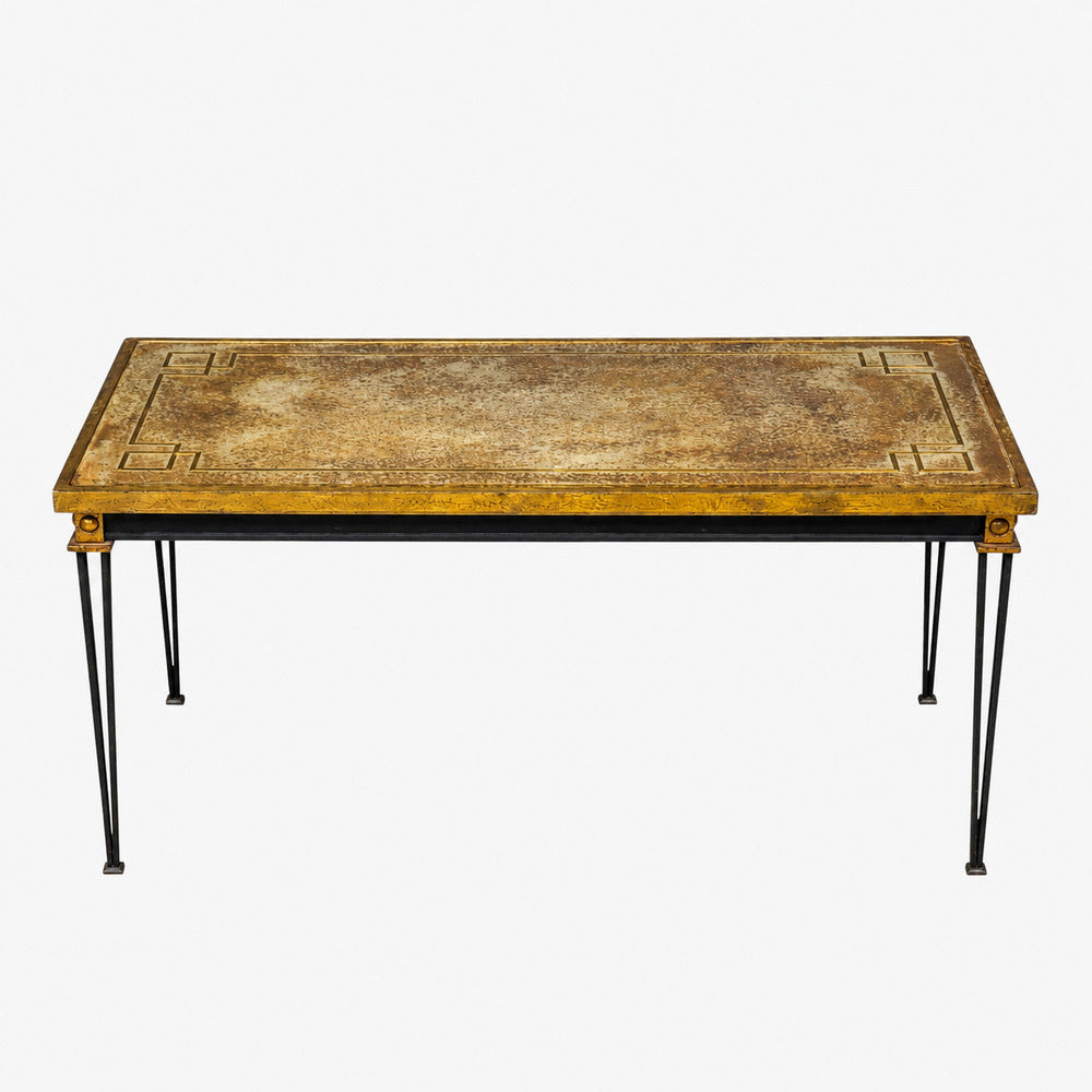 Jacques Quinet Style, Coffee Table, Gold Églomisé Glass, Iron, France, 1960s
