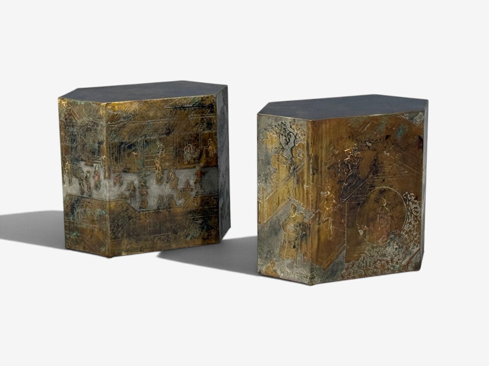 Philip & Kelvin LaVerne, Rare Hexagonal Side Tables, Etched Brass, USA, 1960s