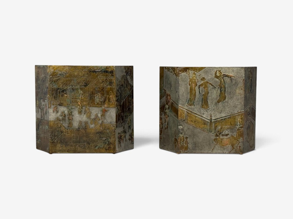 Philip & Kelvin LaVerne, Rare Hexagonal Side Tables, Etched Brass, USA, 1960s