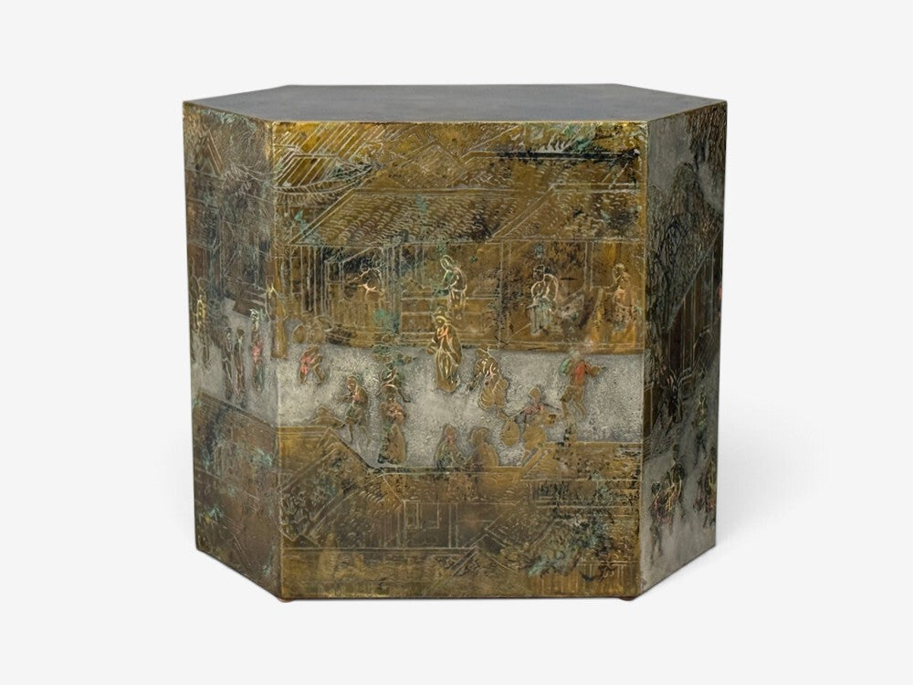 Philip & Kelvin LaVerne, Rare Hexagonal Side Tables, Etched Brass, USA, 1960s