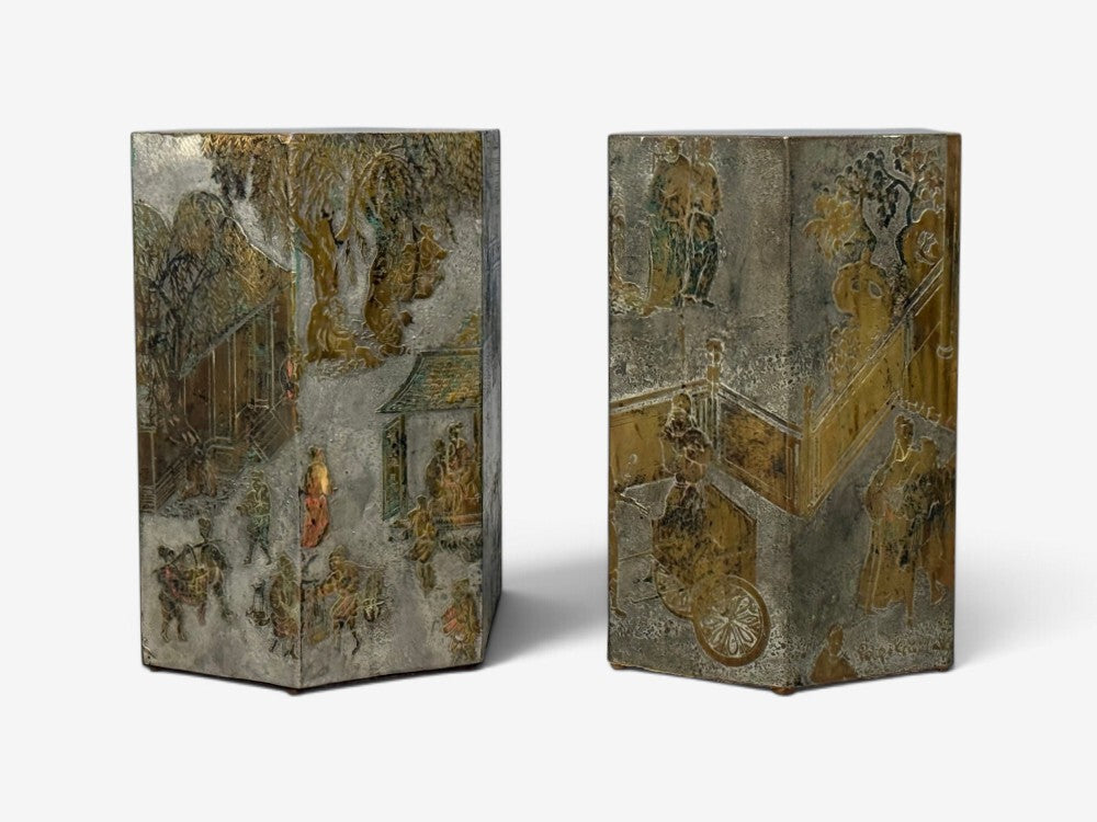 Philip & Kelvin LaVerne, Rare Hexagonal Side Tables, Etched Brass, USA, 1960s