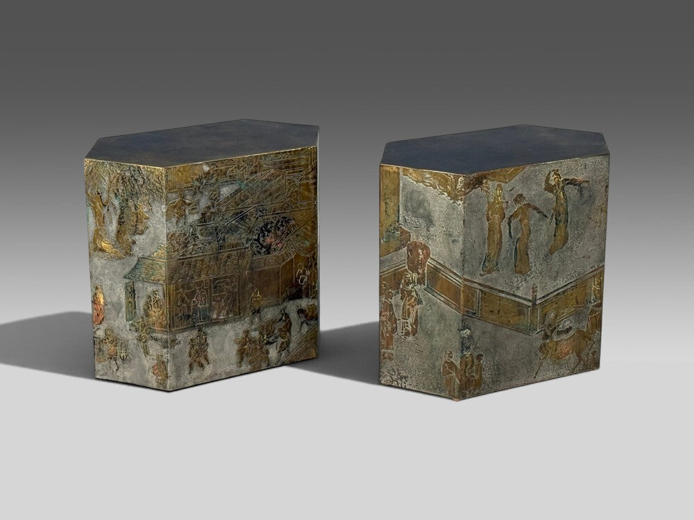 Philip & Kelvin LaVerne, Rare Hexagonal Side Tables, Etched Brass, USA, 1960s