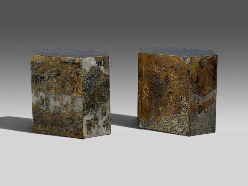 Philip & Kelvin LaVerne, Rare Hexagonal Side Tables, Etched Brass, USA, 1960s