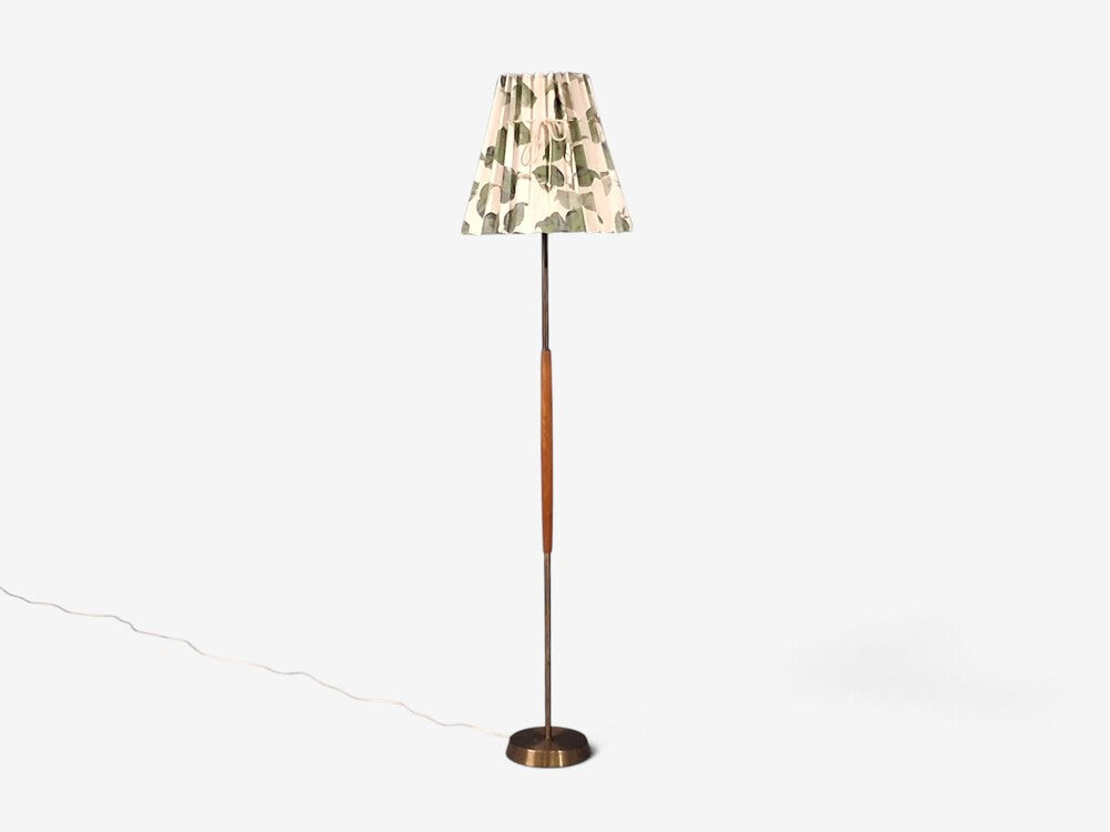 Swedish Modern, Floor Lamp, Teak, Brass, Pleated Floral Fabric, Sweden, 1950s