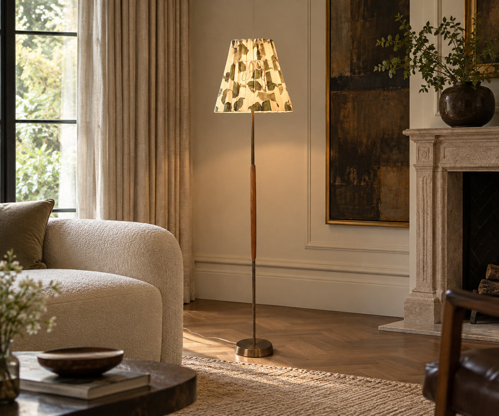 Swedish Modern, Floor Lamp, Teak, Brass, Pleated Floral Fabric, Sweden, 1950s