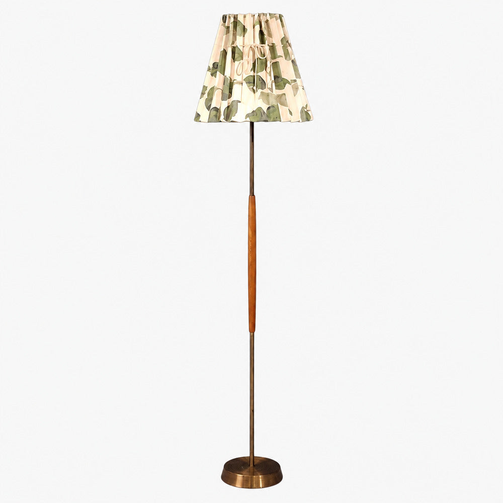 Swedish Modern, Floor Lamp, Teak, Brass, Pleated Floral Fabric, Sweden, 1950s