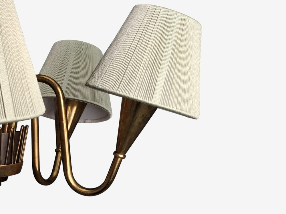 Swedish Modern, Five Arm Chandelier, Patinated Brass, Sweden, 1950s
