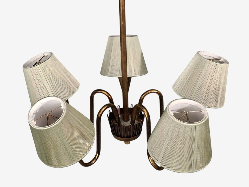 Swedish Modern, Five Arm Chandelier, Patinated Brass, Sweden, 1950s