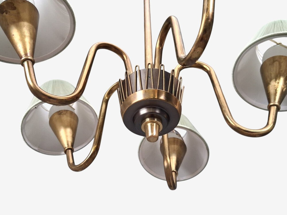 Swedish Modern, Five Arm Chandelier, Patinated Brass, Sweden, 1950s