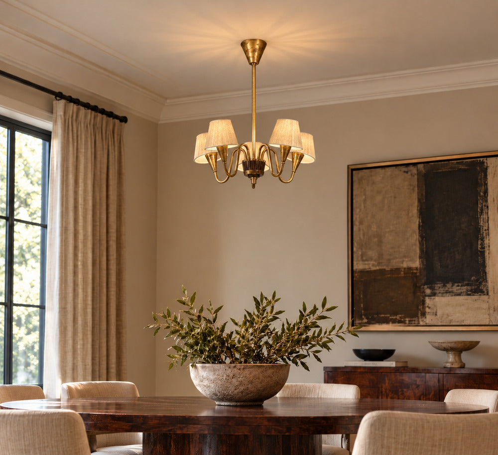 Swedish Modern, Five Arm Chandelier, Patinated Brass, Sweden, 1950s