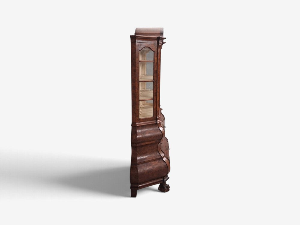 Dutch Baroque Style, Large Bombe Bookcase, Burr Walnut, Glass, England, 1940s