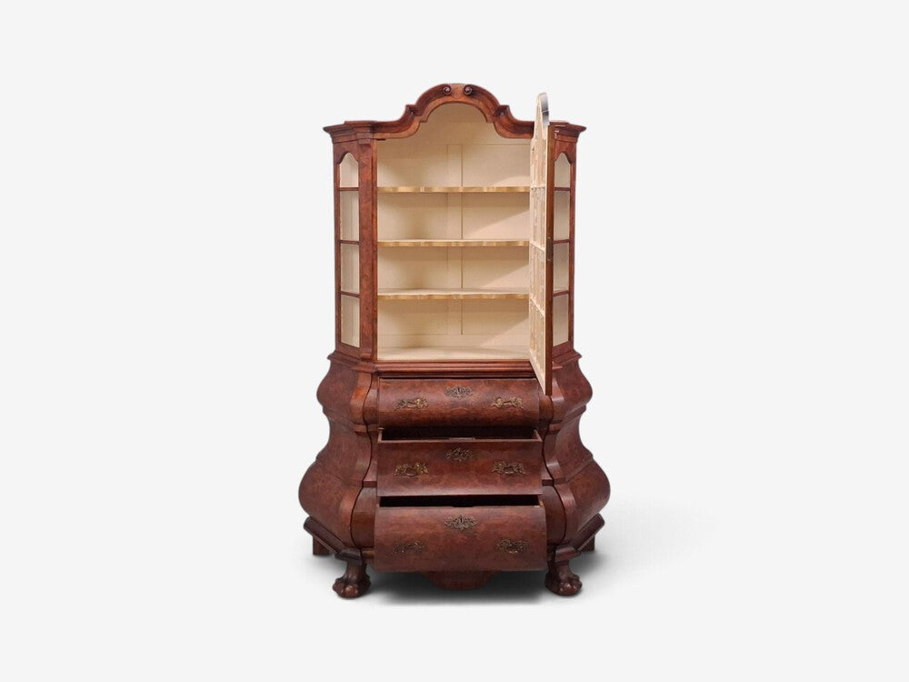 Dutch Baroque Style, Large Bombe Bookcase, Burr Walnut, Glass, England, 1940s