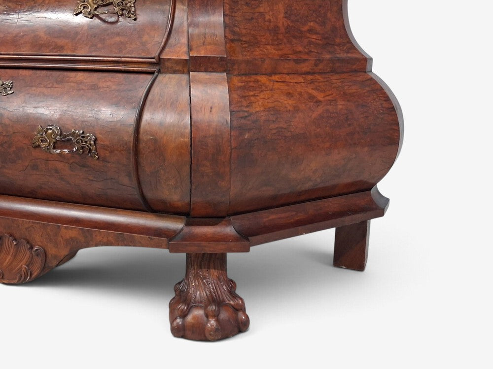 Dutch Baroque Style, Large Bombe Bookcase, Burr Walnut, Glass, England, 1940s
