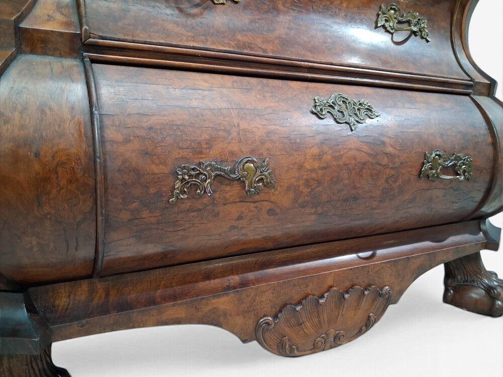 Dutch Baroque Style, Large Bombe Bookcase, Burr Walnut, Glass, England, 1940s