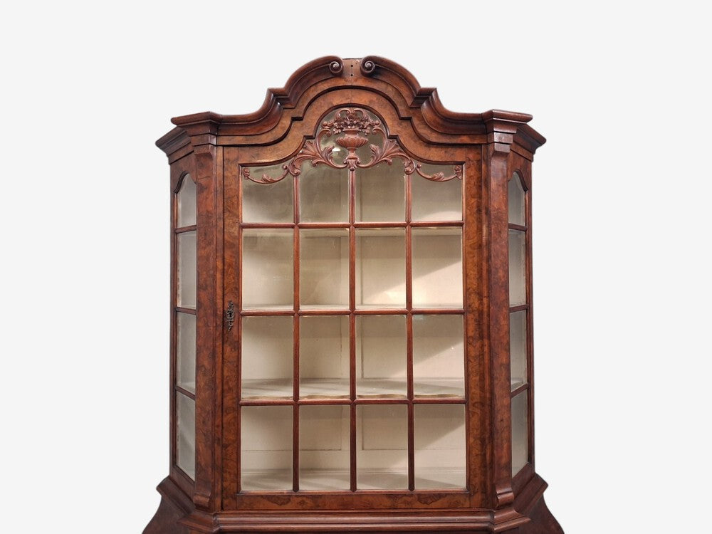 Dutch Baroque Style, Large Bombe Bookcase, Burr Walnut, Glass, England, 1940s