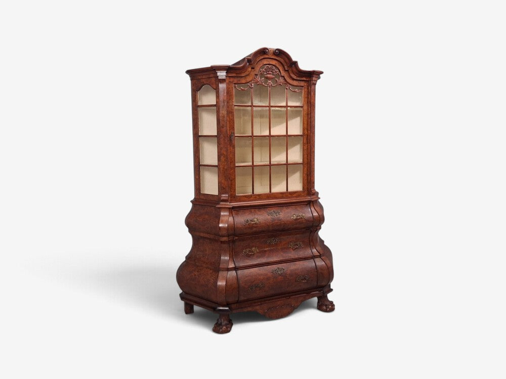 Dutch Baroque Style, Large Bombe Bookcase, Burr Walnut, Glass, England, 1940s