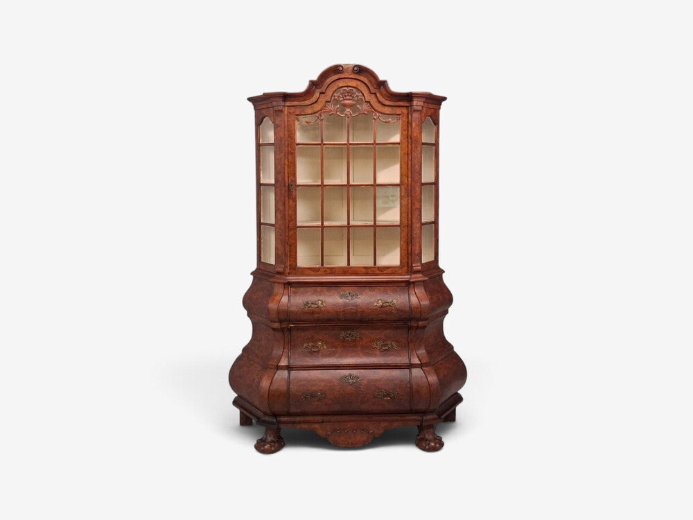 Dutch Baroque Style, Large Bombe Bookcase, Burr Walnut, Glass, England, 1940s
