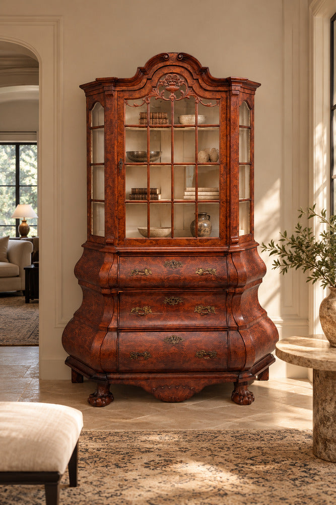 Dutch Baroque Style, Large Bombe Bookcase, Burr Walnut, Glass, England, 1940s