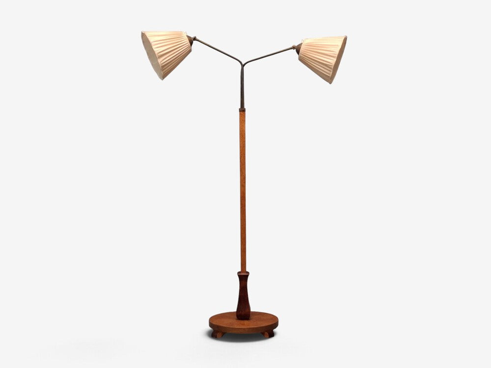 Swedish Art Deco, Double Floor Lamp, Burl Wood, Metal, Fabric, Sweden, 1940s