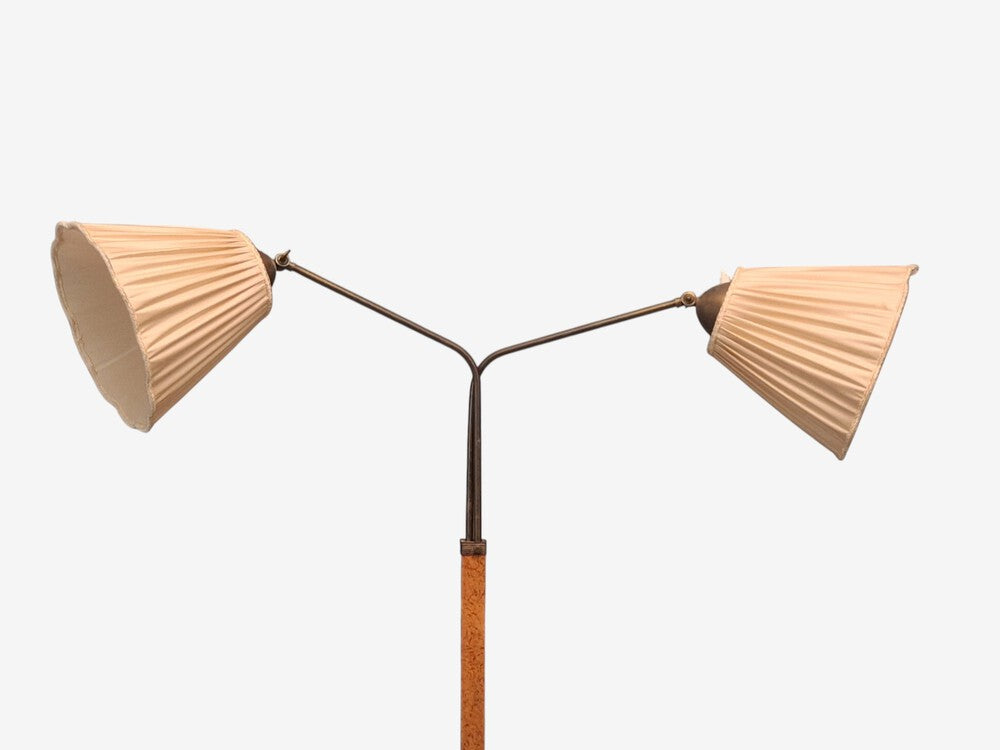 Swedish Art Deco, Double Floor Lamp, Burl Wood, Metal, Fabric, Sweden, 1940s