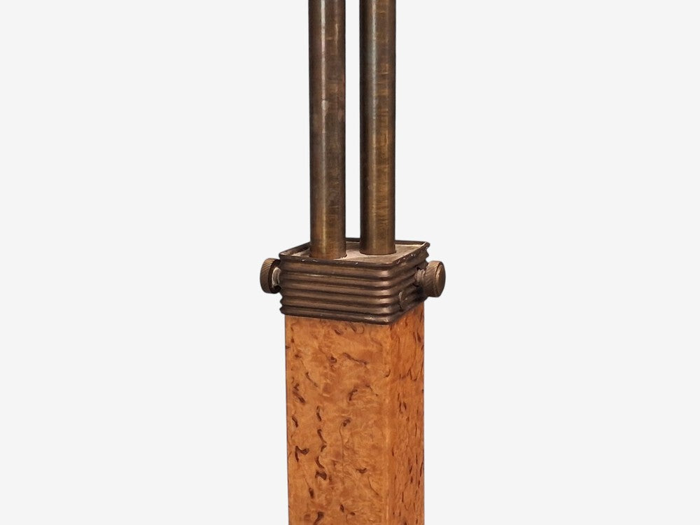 Swedish Art Deco, Double Floor Lamp, Burl Wood, Metal, Fabric, Sweden, 1940s