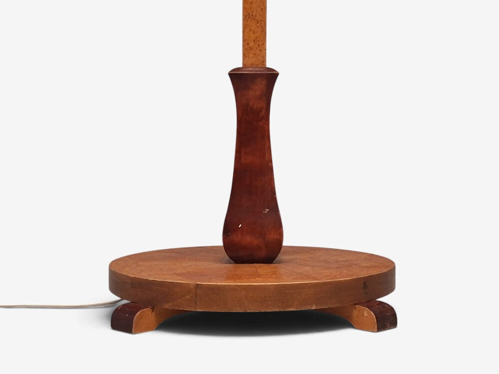 Swedish Art Deco, Double Floor Lamp, Burl Wood, Metal, Fabric, Sweden, 1940s