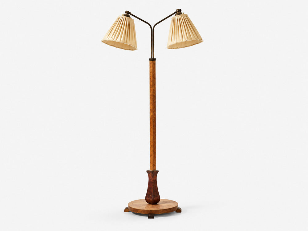 Swedish Art Deco, Double Floor Lamp, Burl Wood, Metal, Fabric, Sweden, 1940s
