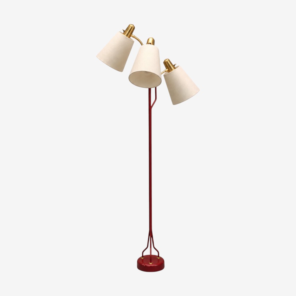 Eskilstuna Elektrofabrik, Floor Lamp, Red Lacquered Metal, Brass, Sweden, 1960s
