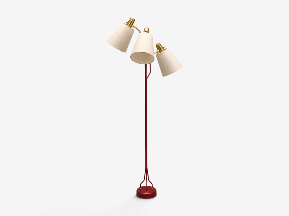 Eskilstuna Elektrofabrik, Floor Lamp, Red Lacquered Metal, Brass, Sweden, 1960s