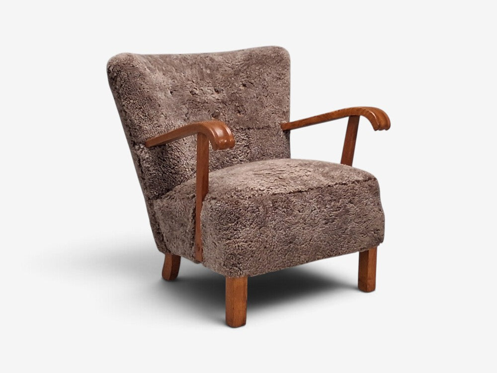 Danish Cabinetmaker, Lounge Chair, Gray Shearling, Beech, Denmark, 1940s