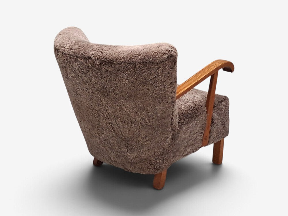 Danish Cabinetmaker, Lounge Chair, Gray Shearling, Beech, Denmark, 1940s