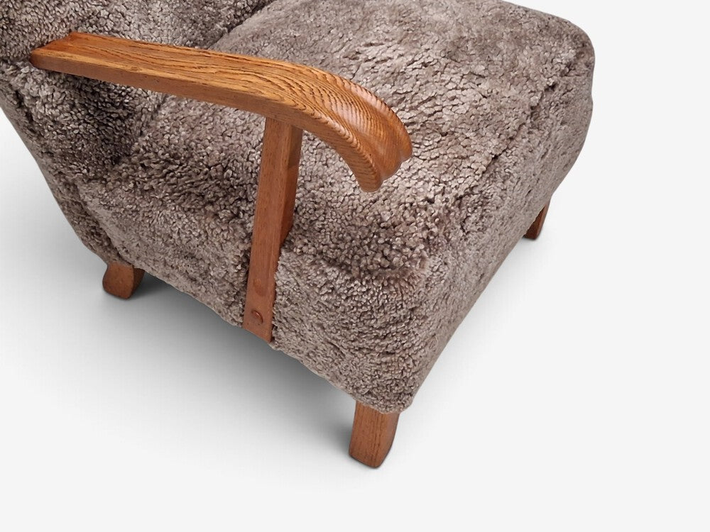 Danish Cabinetmaker, Lounge Chair, Gray Shearling, Beech, Denmark, 1940s