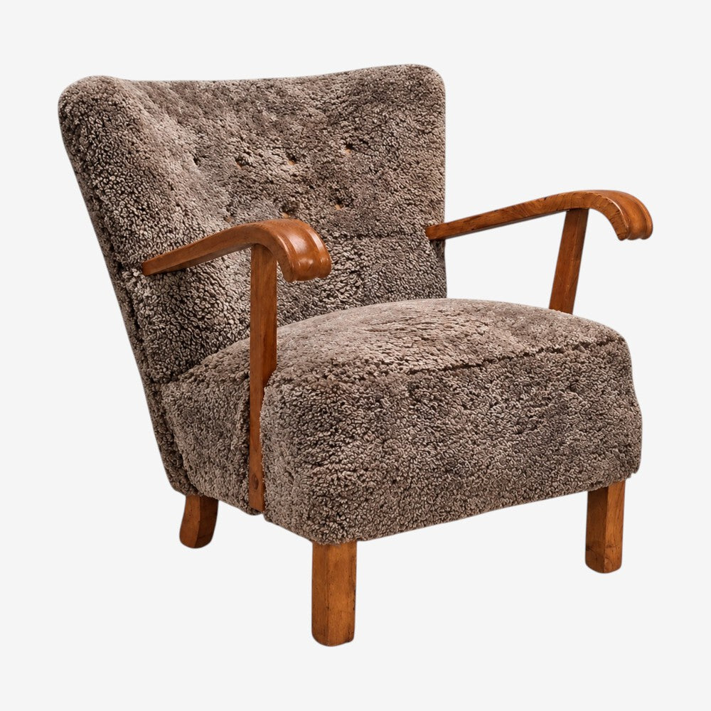 Danish Cabinetmaker, Lounge Chair, Gray Shearling, Beech, Denmark, 1940s