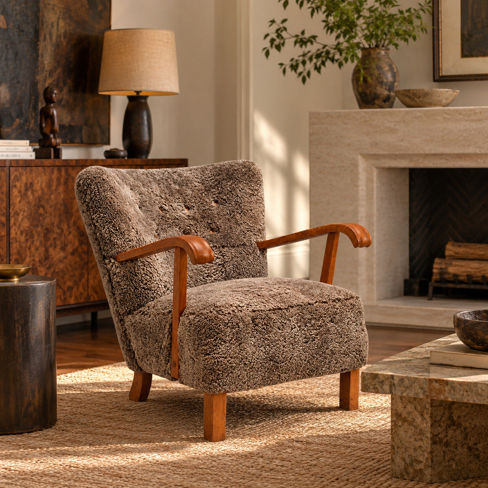 Danish Cabinetmaker, Lounge Chair, Gray Shearling, Beech, Denmark, 1940s