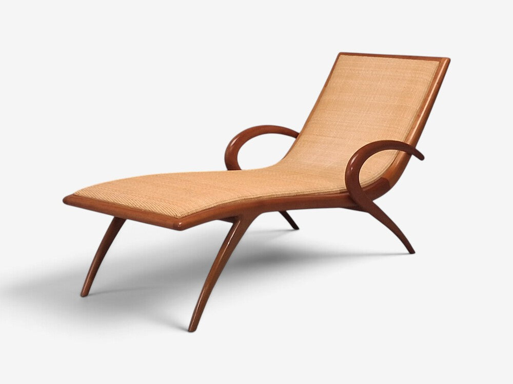 John Graz, Rare Chaise Lounge, Curved Wood, Woven Raffia, Brazil, 1950s
