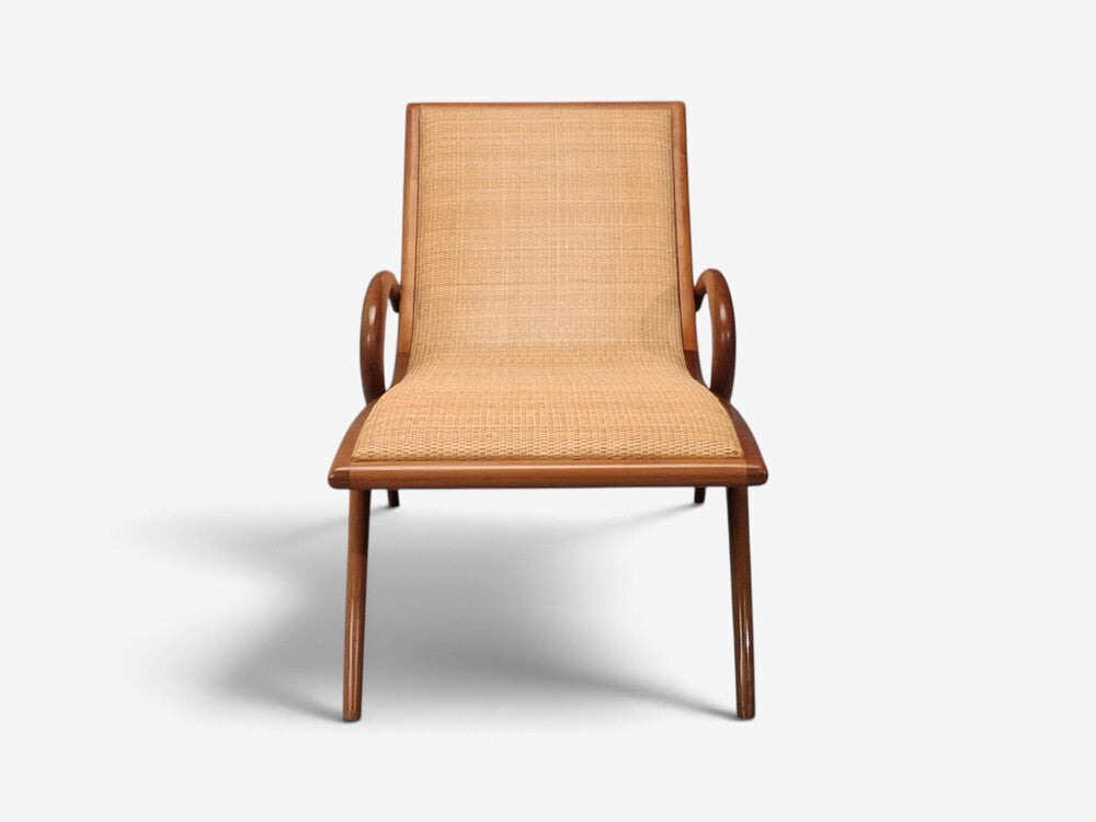 John Graz, Rare Chaise Lounge, Curved Wood, Woven Raffia, Brazil, 1950s