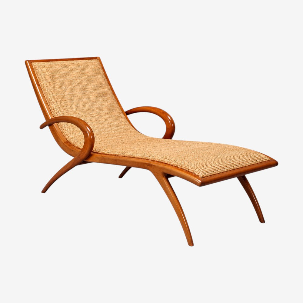 John Graz, Rare Chaise Lounge, Curved Wood, Woven Raffia, Brazil, 1950s