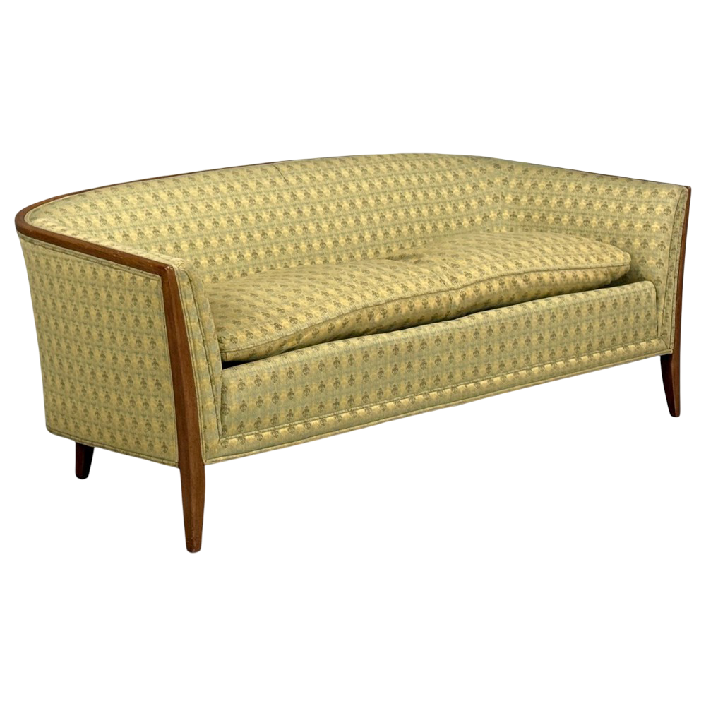 John Stuart, Irwin Furniture Co., American Mid-Century Modern, Curved Settee, Walnut, Fabric, USA, 1950s