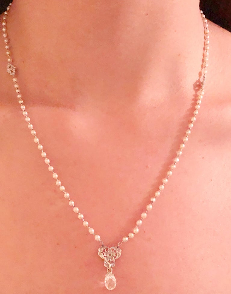 Tiffany & Co. White Gold Beaded Pearl Necklace with Diamonds and Large Briolette