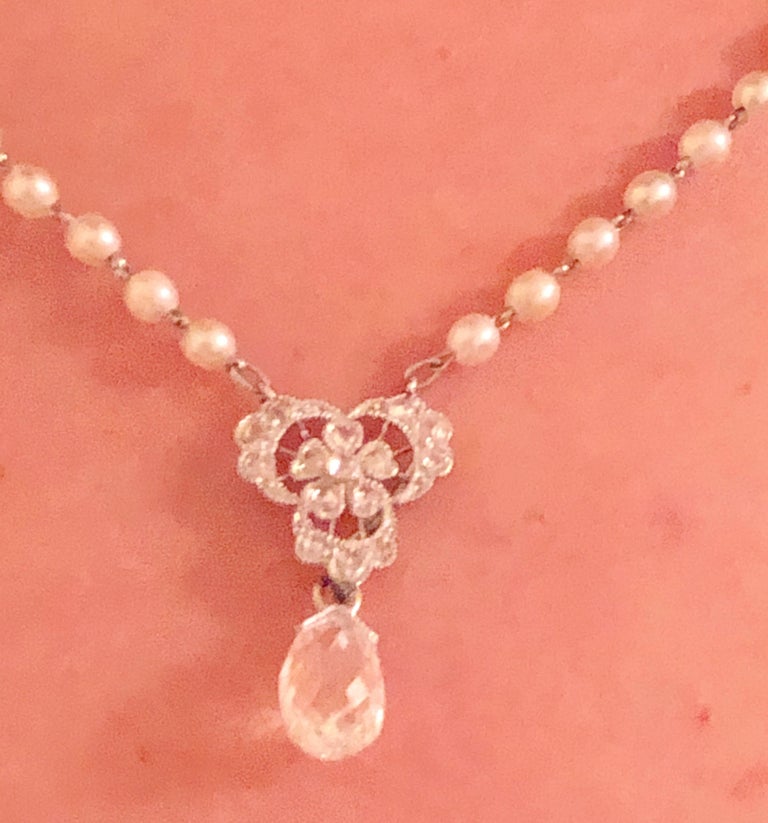 Tiffany & Co. White Gold Beaded Pearl Necklace with Diamonds and Large Briolette