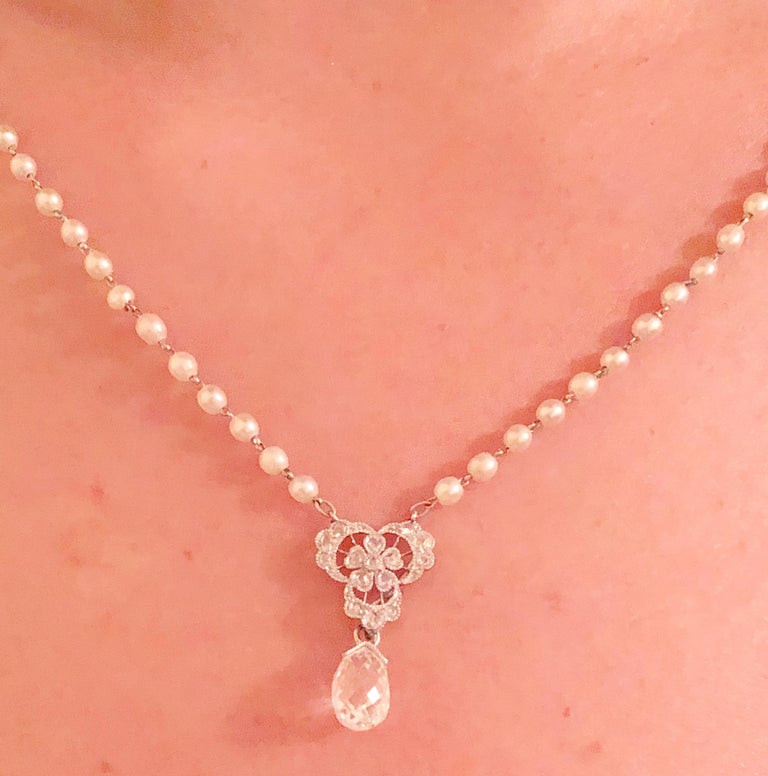 Tiffany & Co. White Gold Beaded Pearl Necklace with Diamonds and Large Briolette