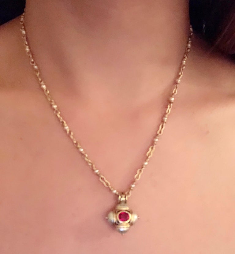 Otto Jakob Lalibela Emerald Keshi Pearl Ruby Gold Cross Pendant Necklace