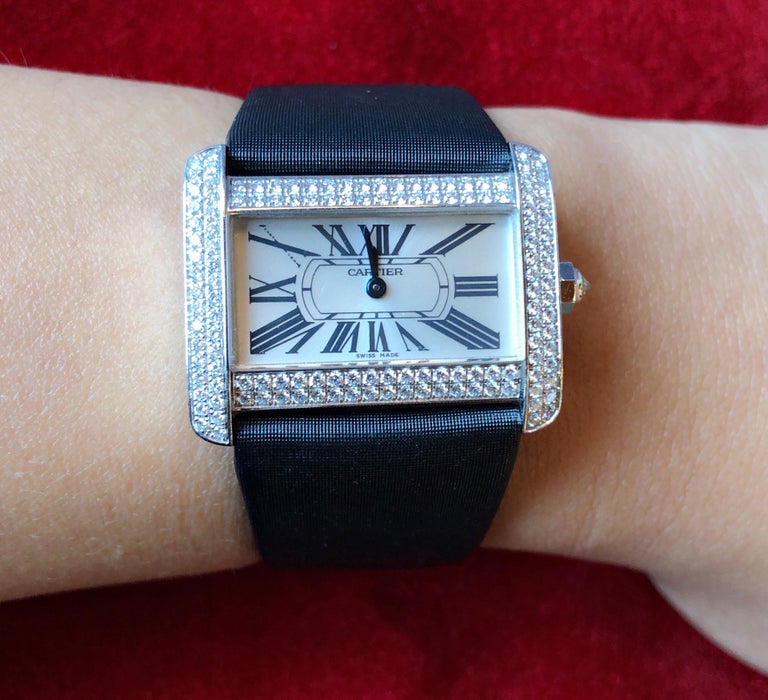 Cartier 18 Karat White Gold Mini Tank Divan Watch Diamond Paved Case