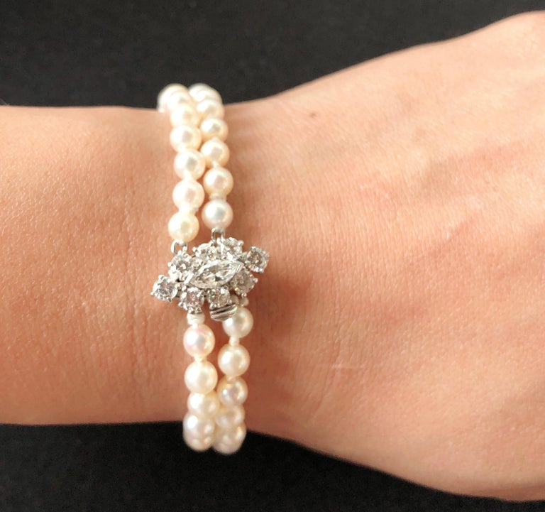 Double Strand Cultured Pearl & Diamond Bracelet, Large Diamond Pendant 1.20 TDW