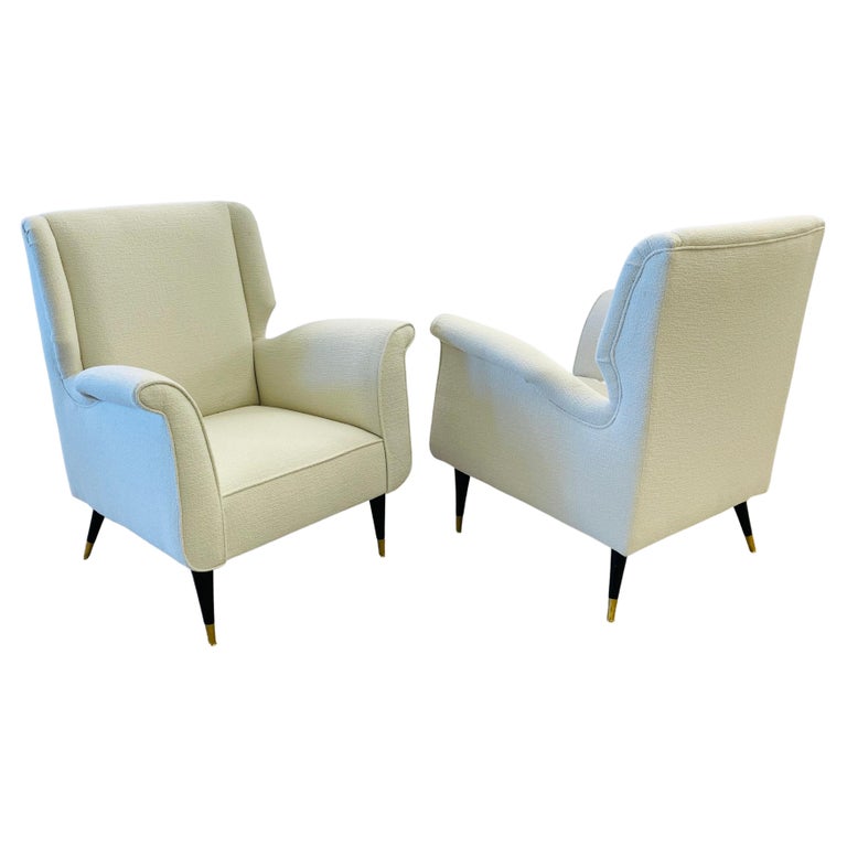 Mid-Century Modern Gio Ponti Style Armchairs, Wingback Chairs, Pair in Kravet Bouclé