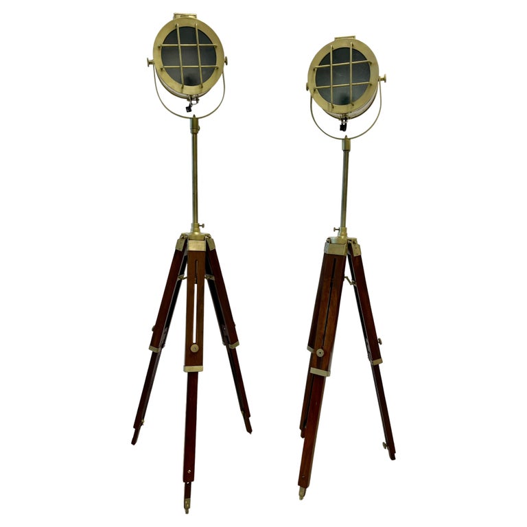 Pair of Industrial Style Search Lights, Mahogany Tri-Pod Base