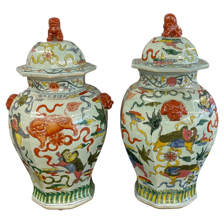 Pair of 19th Century Temple Jars, Lidded, Chinoiserie Foo Dog Finials, 19th C.