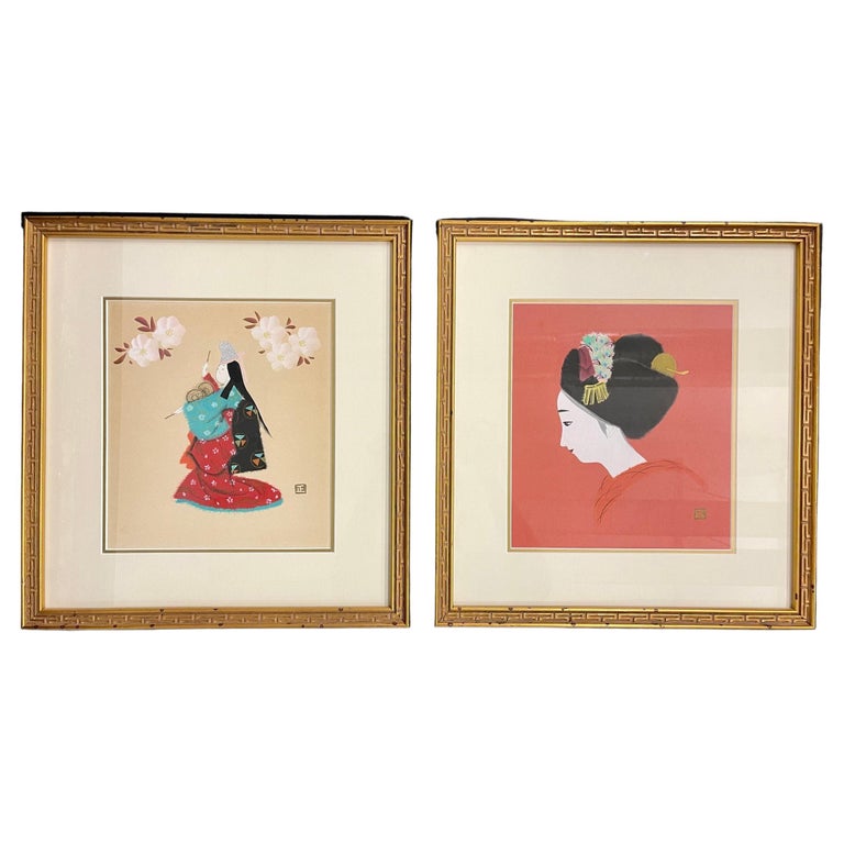 Pair of Japanese Woodblocks Custom Frames Signed