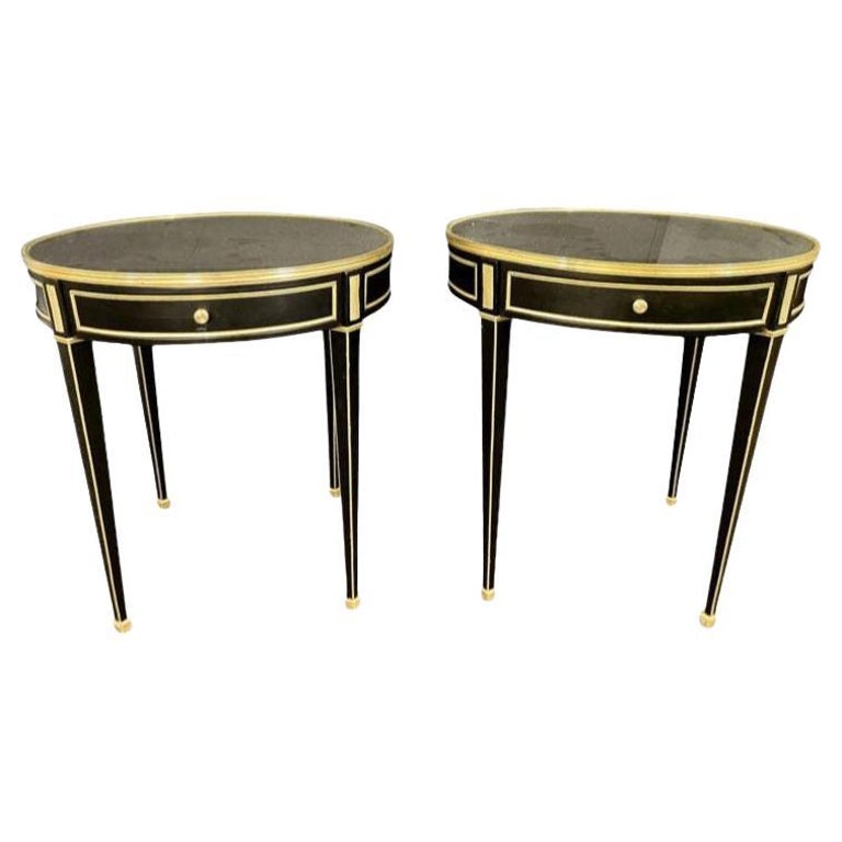 Hollywood Regency Ebony Bouillote or End Tables, Manner Jansen Mirror Tops, Pair