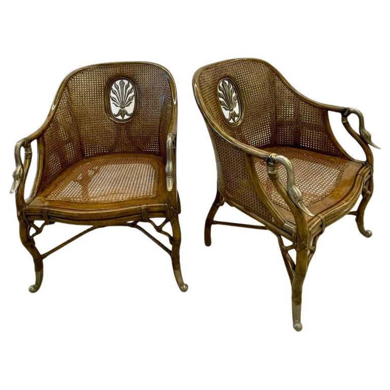 Pair of French Bergère Swan Arm, Lounge Chairs, Silver Metal, Cane, Tortoise